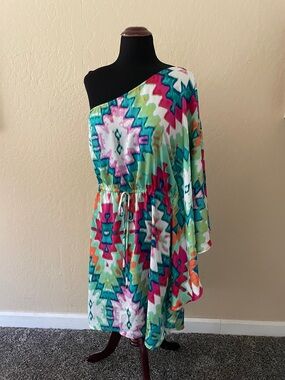 Laundry by Design Multicolor One-Shoulder Dress — Teal, Green, Pink, Orange
